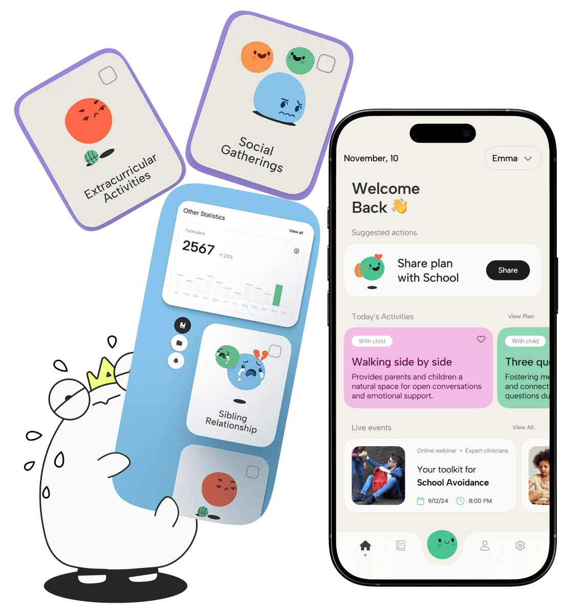 The SmplCo mascot presenting a product